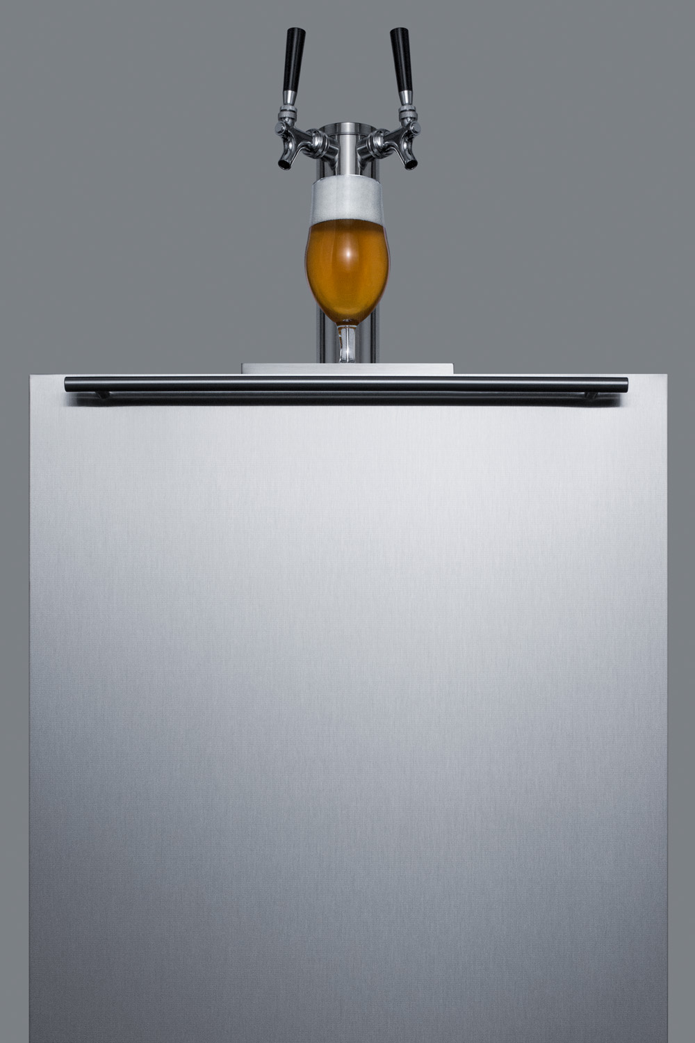 Built-in undercounter ADA height commercially listed dual tap cold brew coffee dispenser with stainless steel wrapped door and black cabinet